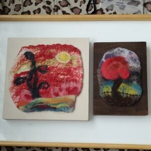 Set of 2 Abstract Wool Art Vibrant Colours Wood Block Frame Ready to Hang Signed